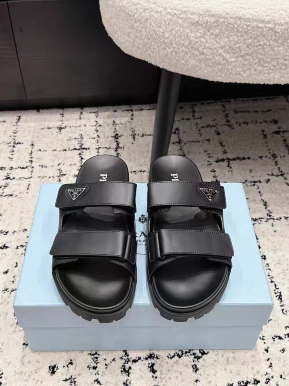 Prada Black Leather Double Strap Adjustable Slide Sandals